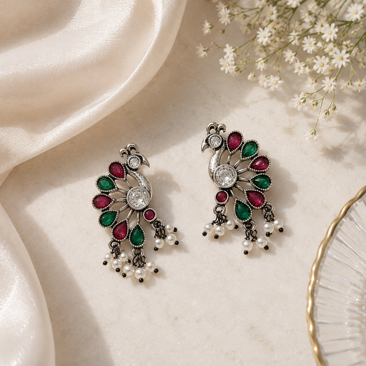 Peacock Charm Oxidised Statement Earrings