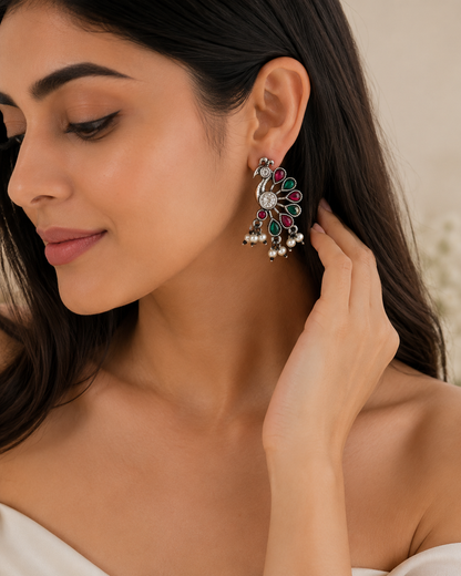 Peacock Charm Oxidised Statement Earrings