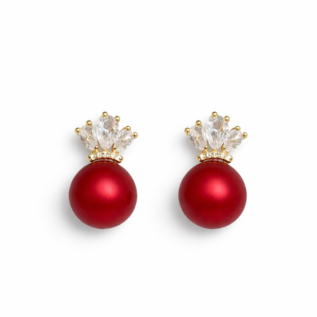 Ruby Pearl Crown Stud Earrings