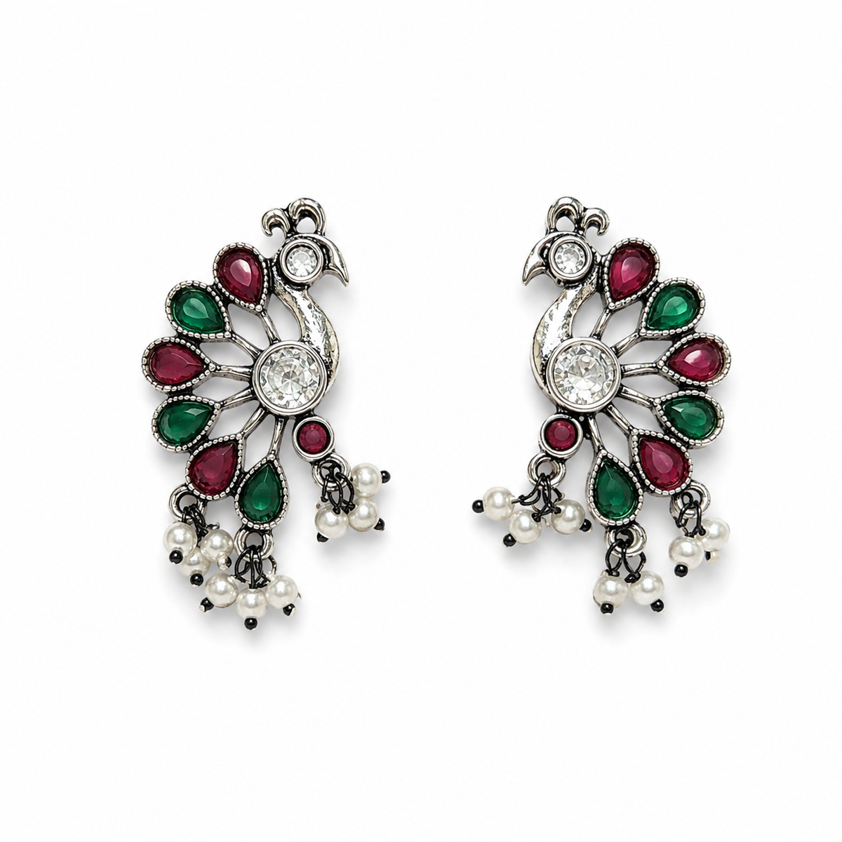 Peacock Charm Oxidised Statement Earrings