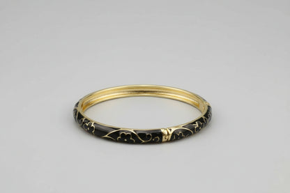Black Enamel Floral Gold Oval Bangle (Anti-Tarnish) |  small wrists