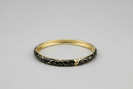 Black Enamel Floral Gold Bangle (Anti-Tarnish)