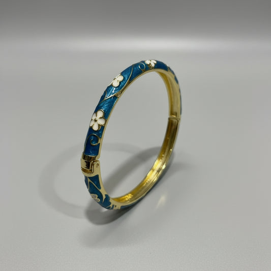 Blue Floral Enamel Gold Bangle (Anti-Tarnish)