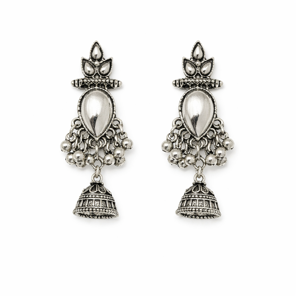 Noor Chand Oxidised Mirror Jhumka Earrings