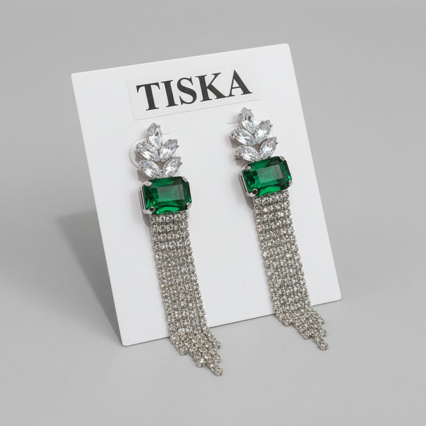 Emerald Crystal Tassel Statement Earrings