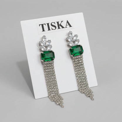 Emerald Crystal Tassel Statement Earrings
