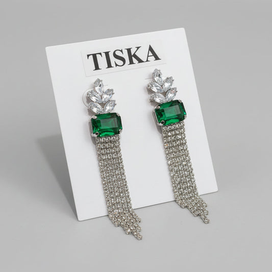 Emerald Crystal Tassel Statement Earrings