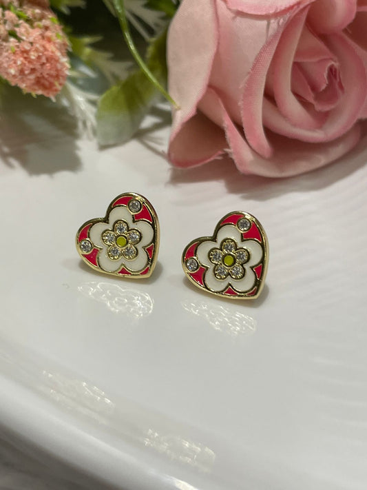 Enamel Heart Floral Stud Earrings