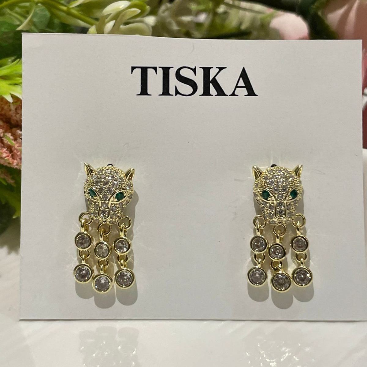 Golden Panther Crystal Drop Earrings