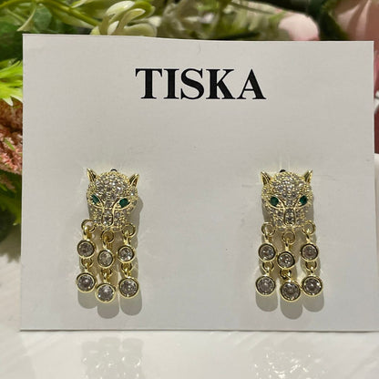 Golden Panther Crystal Drop Earrings