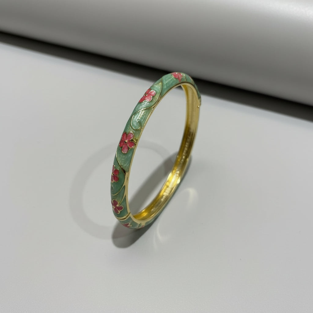 Green Floral Enamel Gold Bangle (Anti-Tarnish)