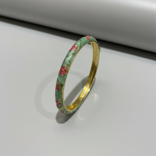 Green Floral Enamel Gold Bangle (Anti-Tarnish)