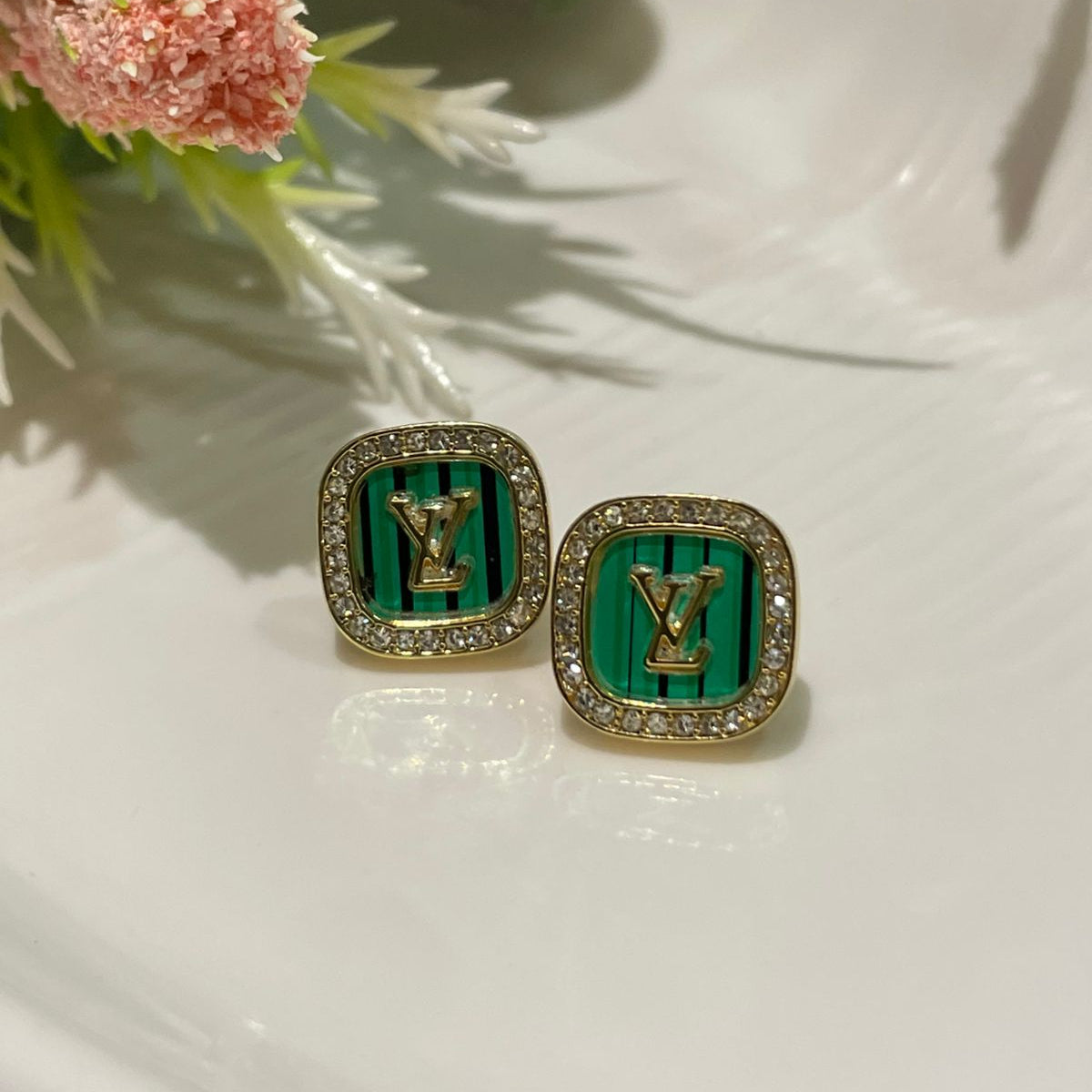Green Luxe Monogram Stud Earrings