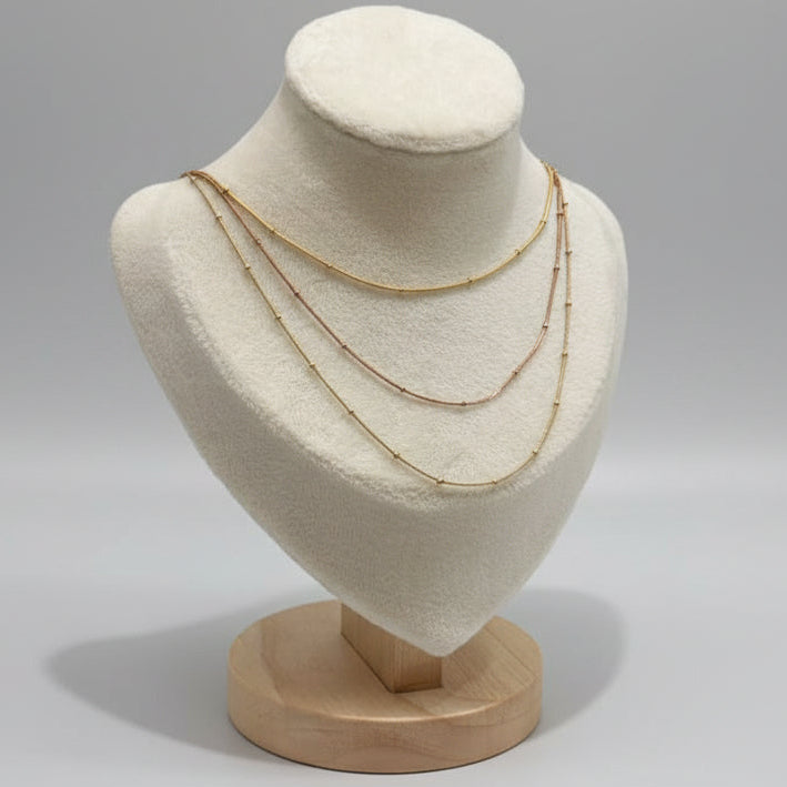 Multi-Tone Layered Beaded Chain Necklace – Gold, Silver & Rose Gold | Anti-Tarnish