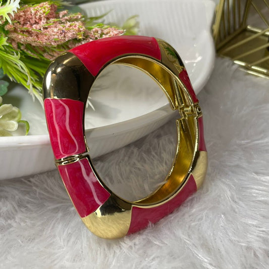 Pink-redish Enamel Tile Gold Bangle (Anti-Tarnish)