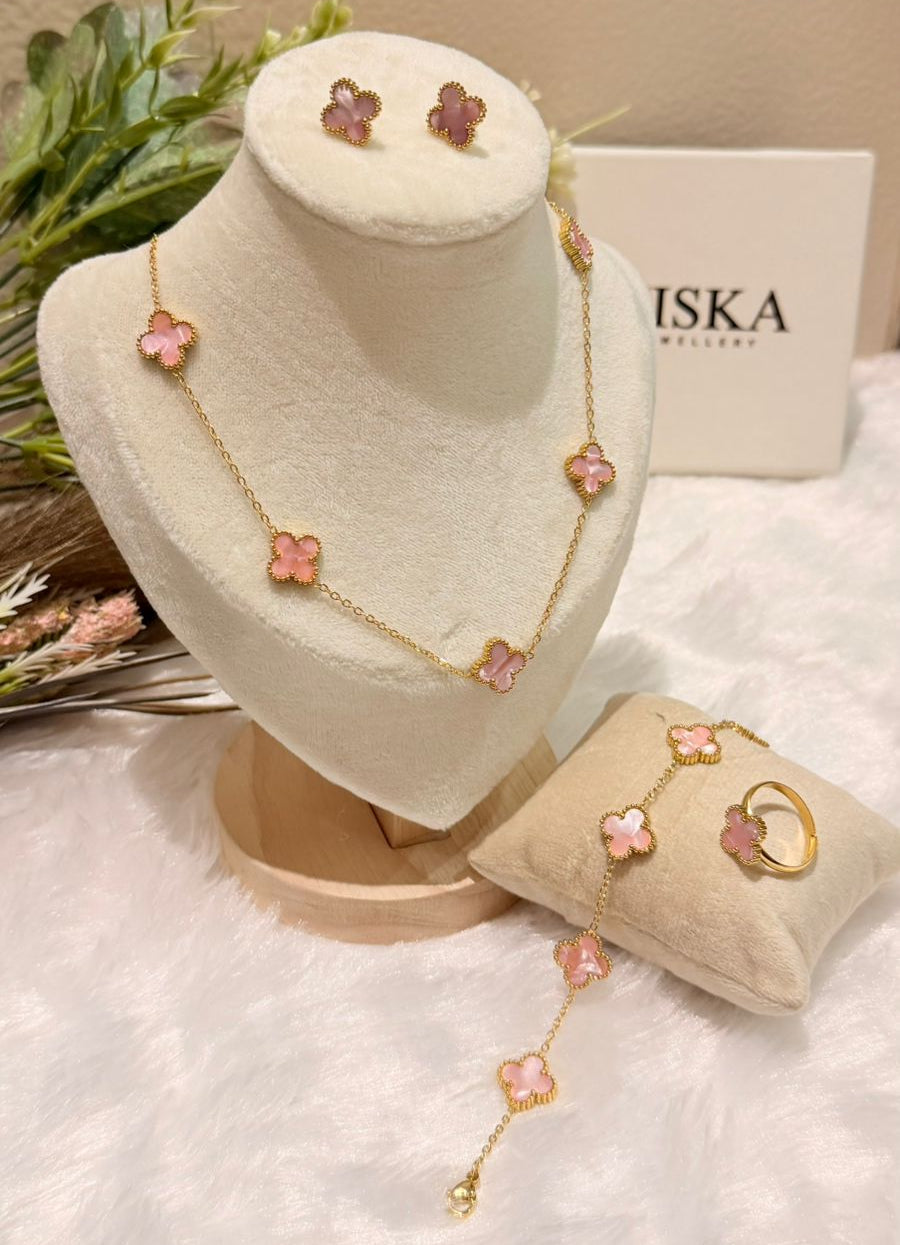 Pink Anti-Tarnish Clover Jewellery Set of 4