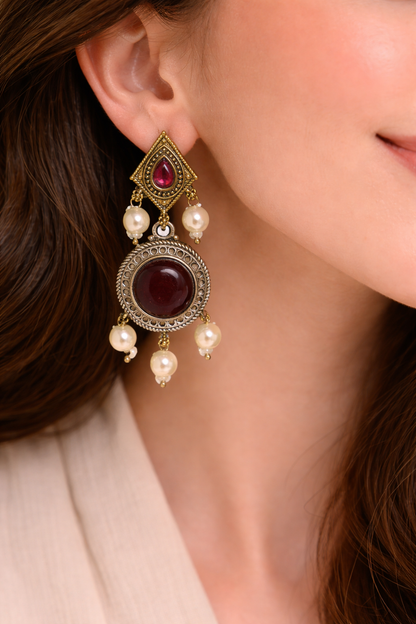 Antique Ruby Long Dangler with Pearls