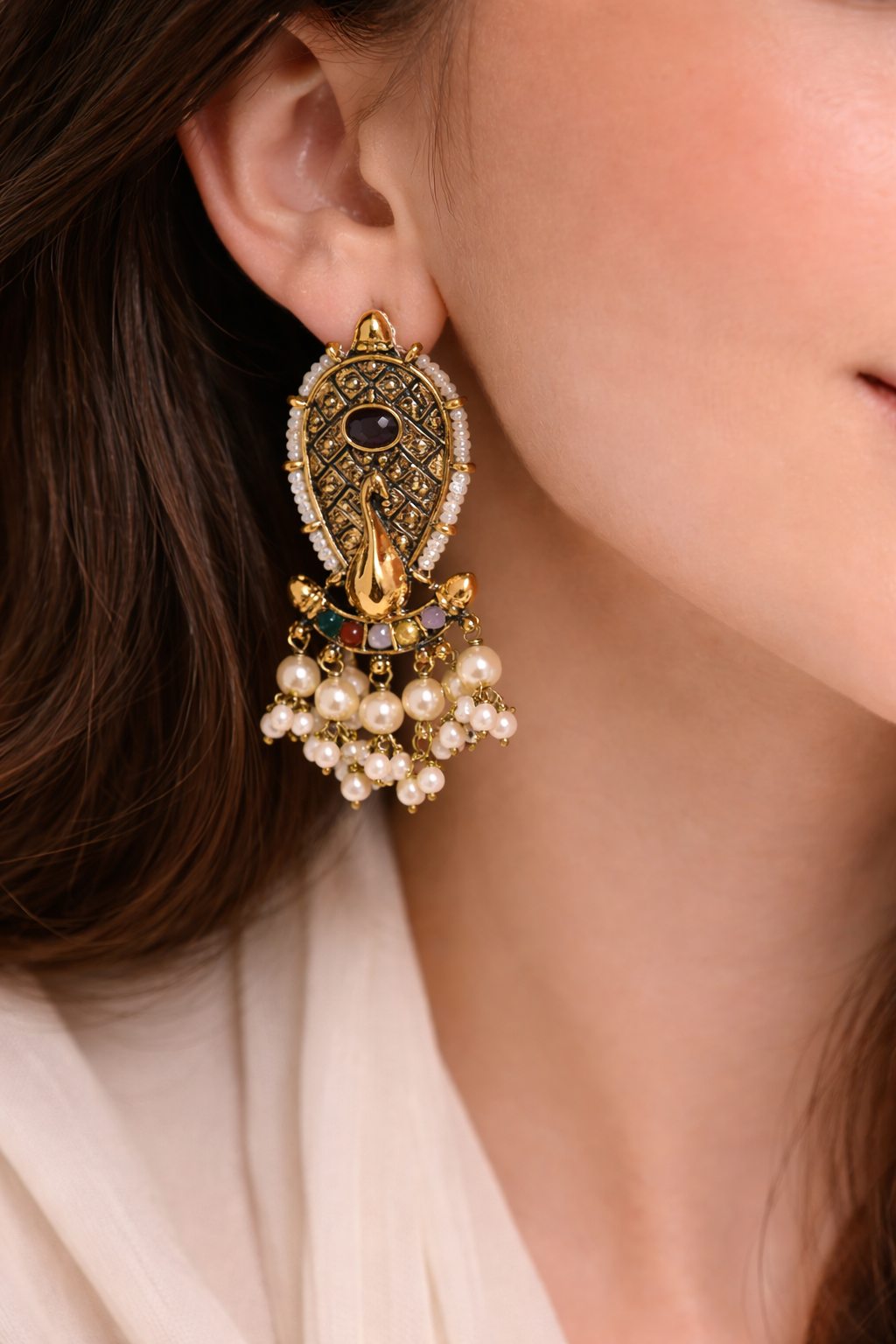 Royal Peacock Pearl Drop Earrings
