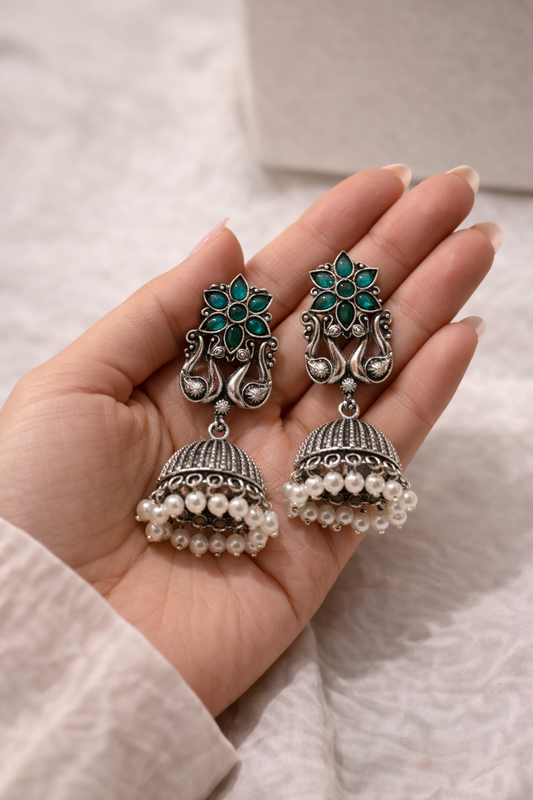 Emerald Bloom Oxidised Jhumka Earrings