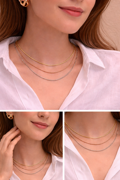 Multi-Tone Layered Beaded Chain Necklace – Gold, Silver & Rose Gold | Anti-Tarnish