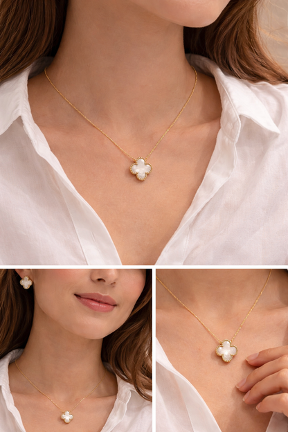 White & Gold Clover Pendant & Stud Set