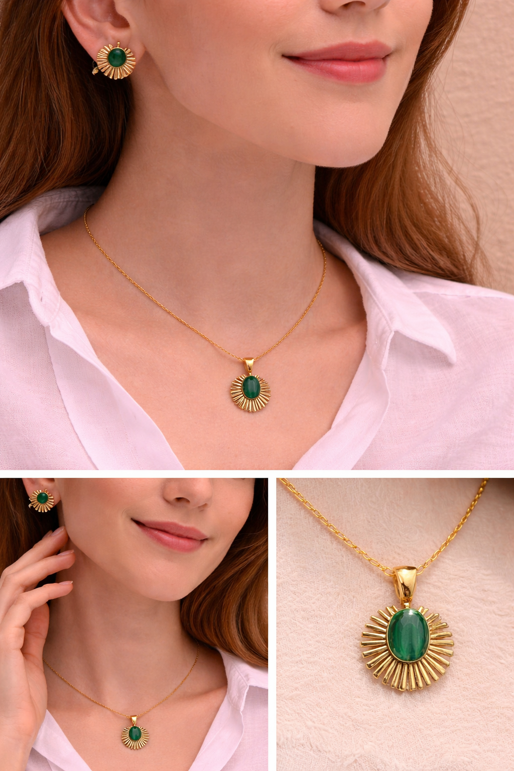 Emerald Sunburst Pendant Set – Gold Finish | Anti-Tarnish