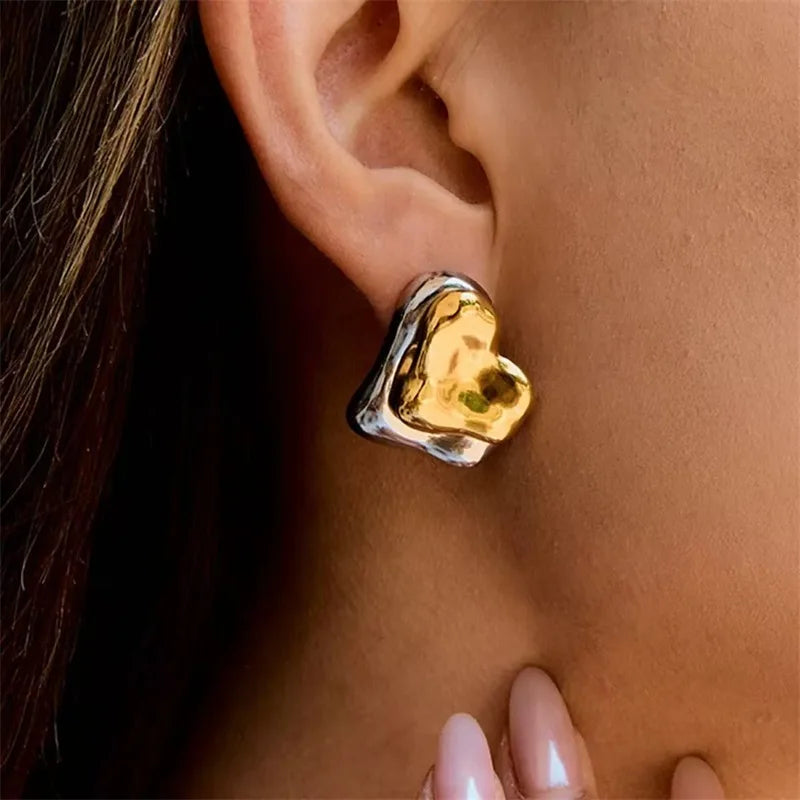 Golden Dual Heart Stud Earrings (Anti Tarnish)